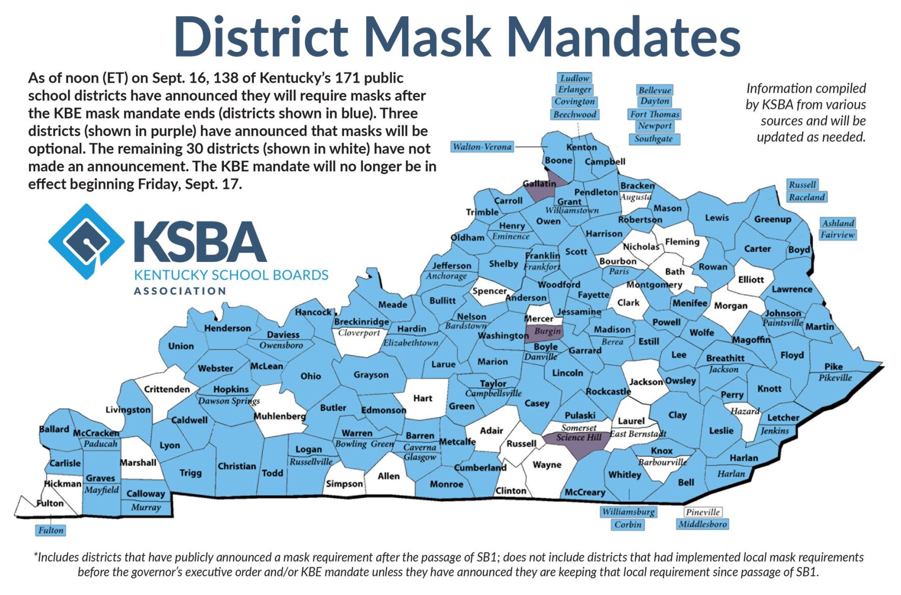 Schools requiring masks as of 9/16/21